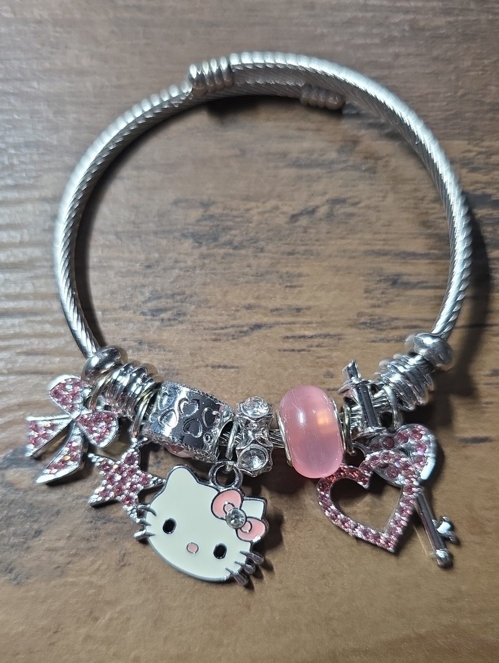 Hello Kitty Pink & Silver Charm Bracelet for Kids - Cute Bow and Heart Charms